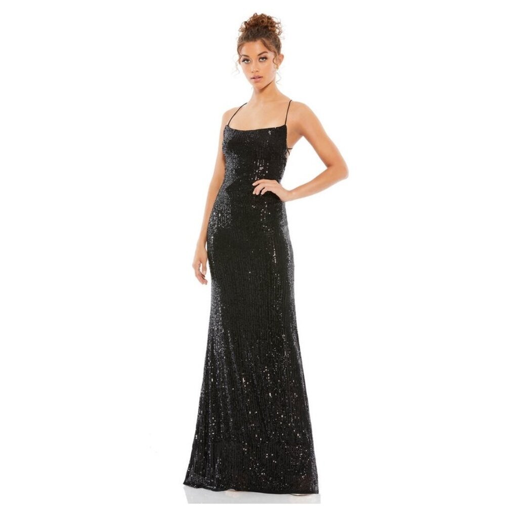 NWT Mac Duggal Black Stretch Sequin Lace Up Back Evening Gown Black 12